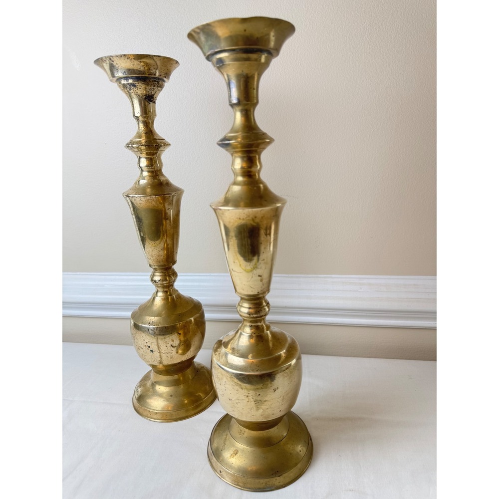 Vintage Tall Solid Brass Candlestick Holders Pair Baluster Taper 16" Cotagecore